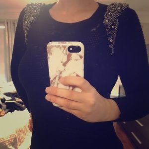 Knit sweater with silver shoulder beading